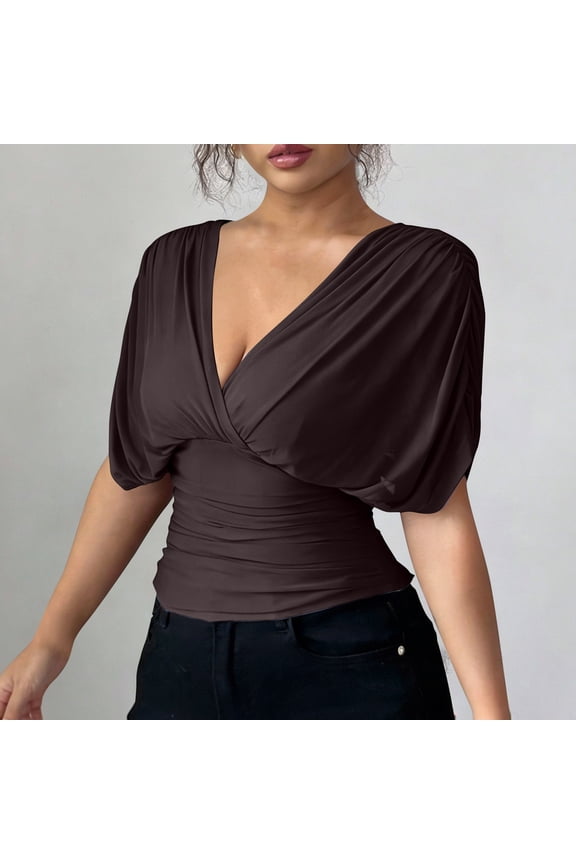 Womens Tops Wrap V Neck Batwing Sleeve Blouses Cinched Waist Fitted Soft Cozy Everyday Tops Gift