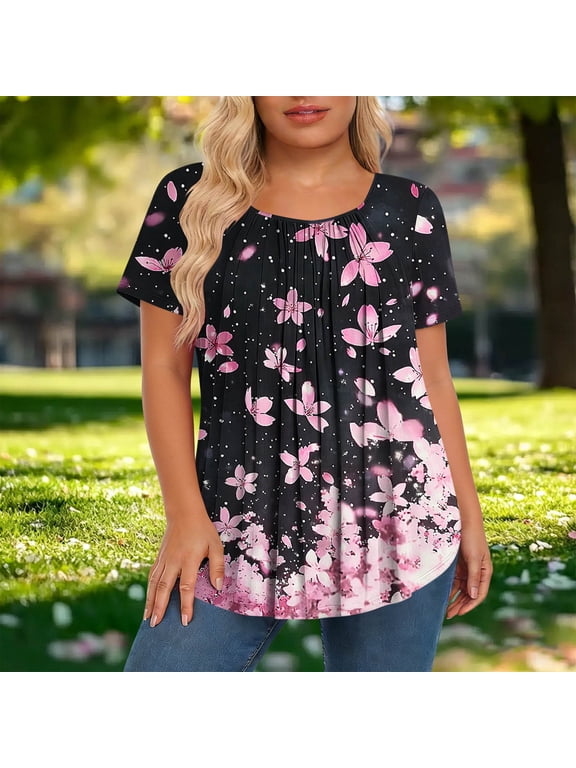 Womens Tshirts Plus Size Round Neck Front Pleated Cherry Blossom Print Short Sleeve Loose Fit Tops Resort Holiday Color Retention Black Tops Women