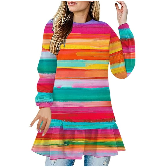 Uootdi Womens Tunic Top Colorful Striped Graffiti Print Loose Fit Round Neck Long Sleeve Casual Summer Fashion Flowy Tshirt Blouse Multicolor Women Tops