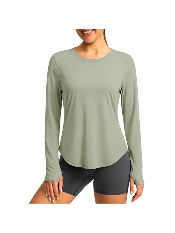 Womens UPF50+ Sun Shirts Long Sleeve Crew Neck Tops with Curved Hem and Thumb Hole Beach Hiking Style Lightweight Comfortable Gift