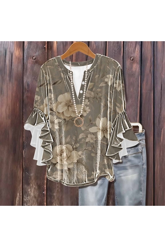 Womens Velvet Tops Vintage Floral Print V-Neck Button 3/4 Length Sleeve Shirts Elegant Spring Ruffle Sleeves Boho Blouse for Beach Vacations Gift