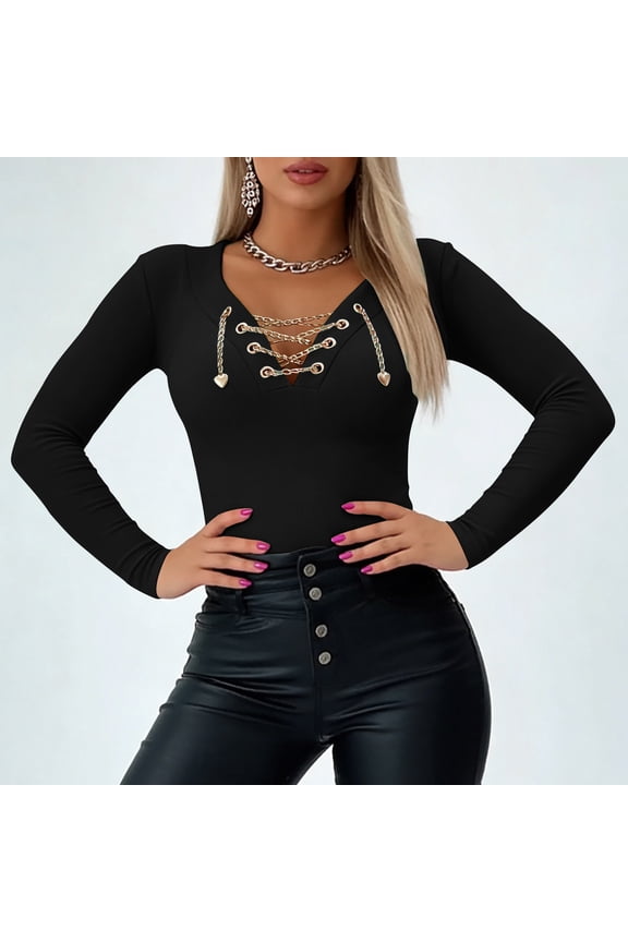 Womens Y2K Tops V-Neck Criss Cross Ribbed T Shirts Casual Tee Slim Fitted Fall Blouse Gift