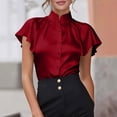 thumbnail image 1 of Uootdi Work Tops for Women Stand Collar Flutter Short Sleeve Button Front Plain Satin Womens Shirts Straight Fit Business Casual Silky Summer Blouses for Women, 1 of 5