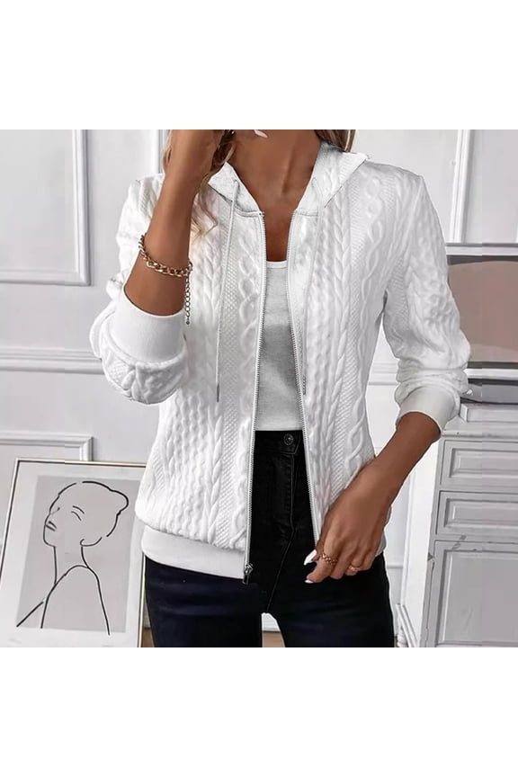Zip Up Cardigan Sweaters for Women Cable Knit Hoodie Drawstring Jacket Fall Stand Collar Outerwear Casual Coat Gift
