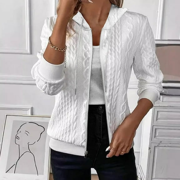 Uootdi Zip Up Cardigan Sweaters for Women Cable Knit Hoodie Drawstring Jacket Fall Stand Collar Outerwear Casual Coat Gift