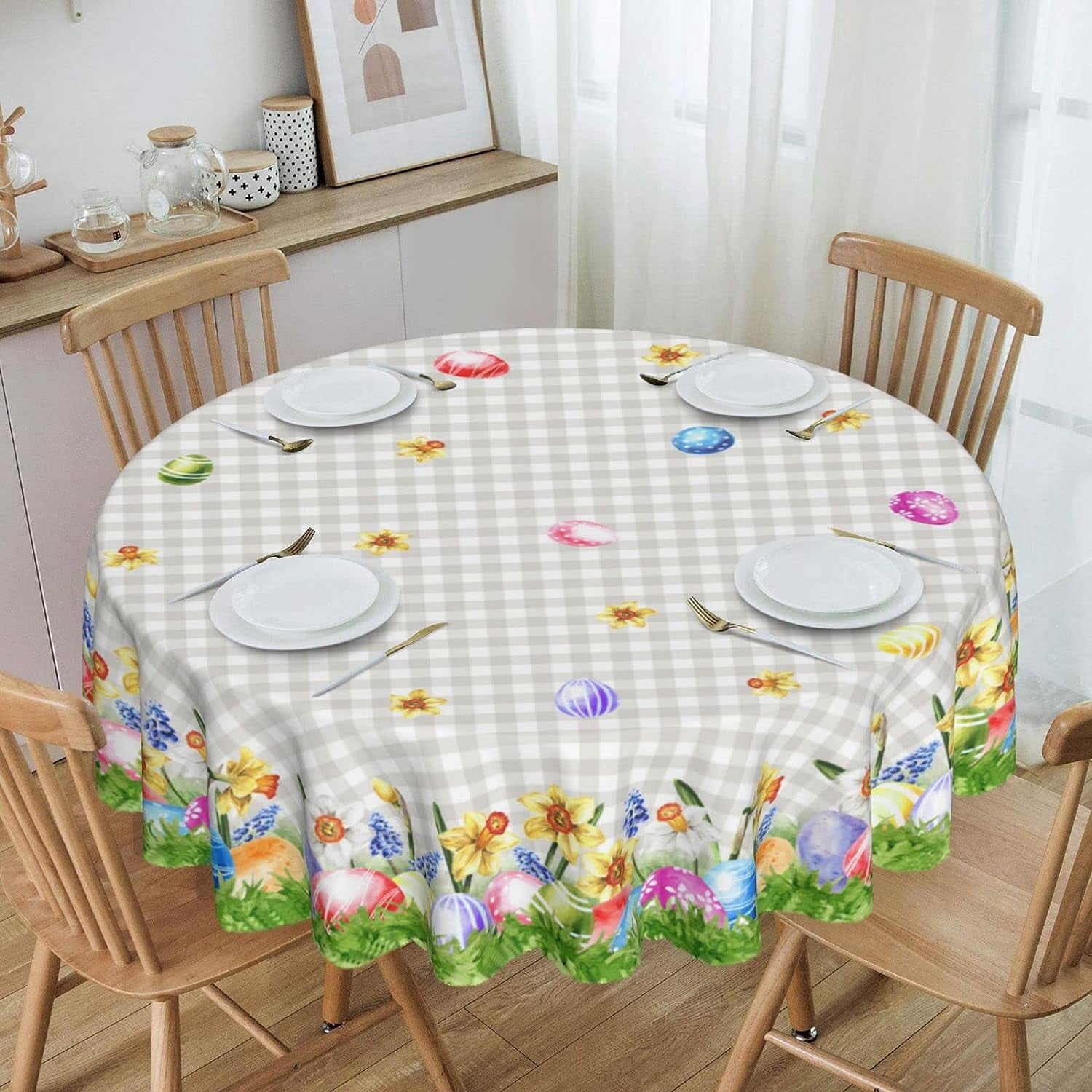 Uorbeay Easter Eggs Round Easter Tablecloth Spring Floral Easter Table Cloth, Grey Checkered