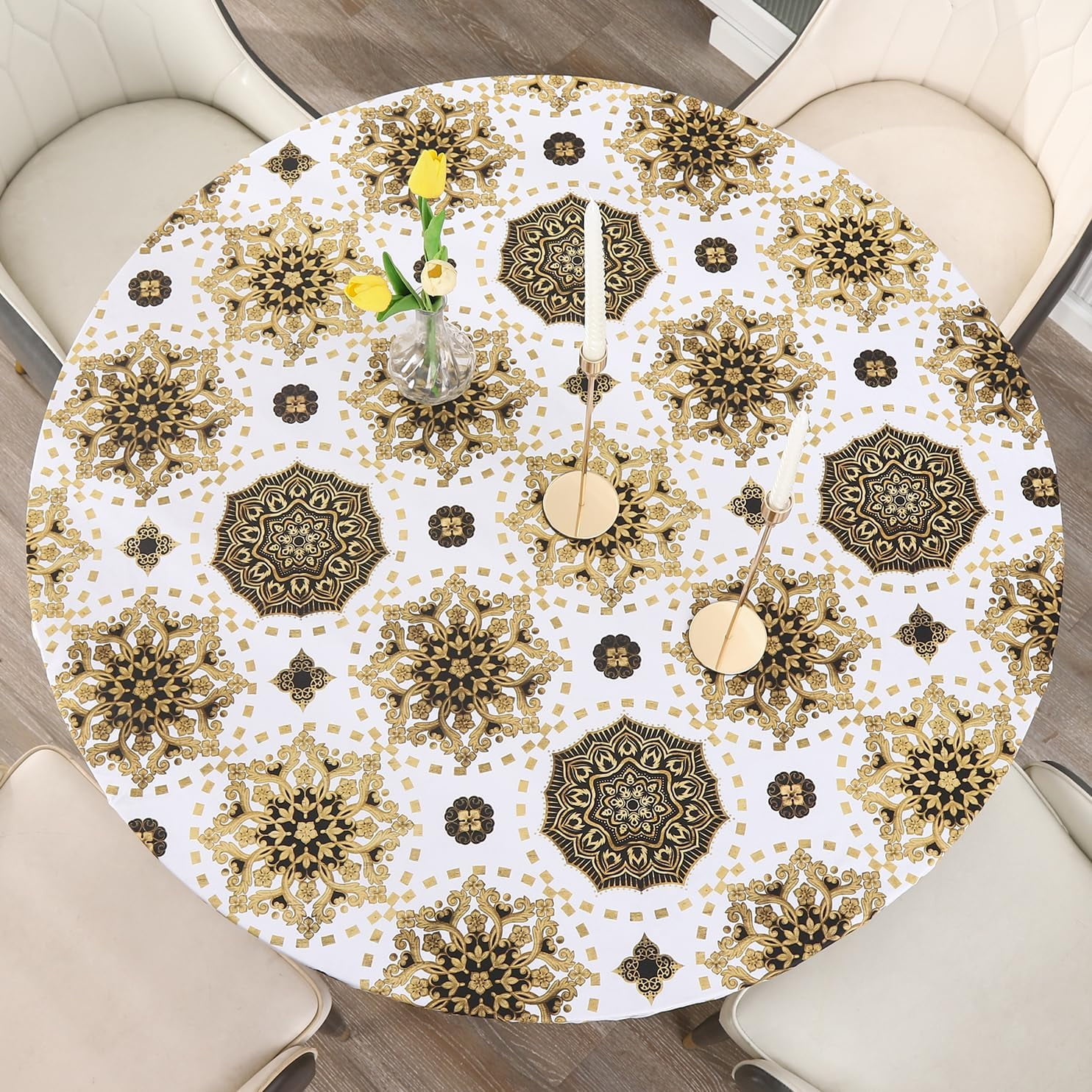 Uorbeay Round Vinyl Fitted Tablecloth Waterproof Oilcloth Elasticized