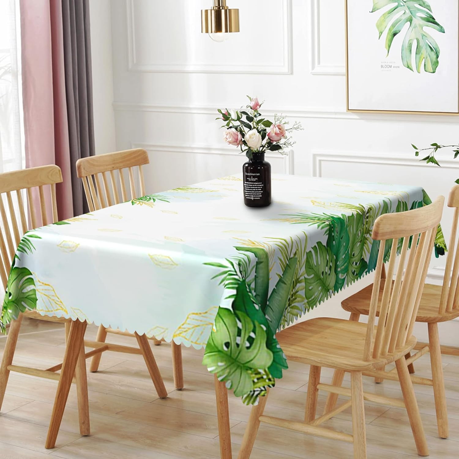 Uorbeay Tropical Palm Leaves Tablecloth Summer Green Leaves Reusable Table Cloth Waterproof