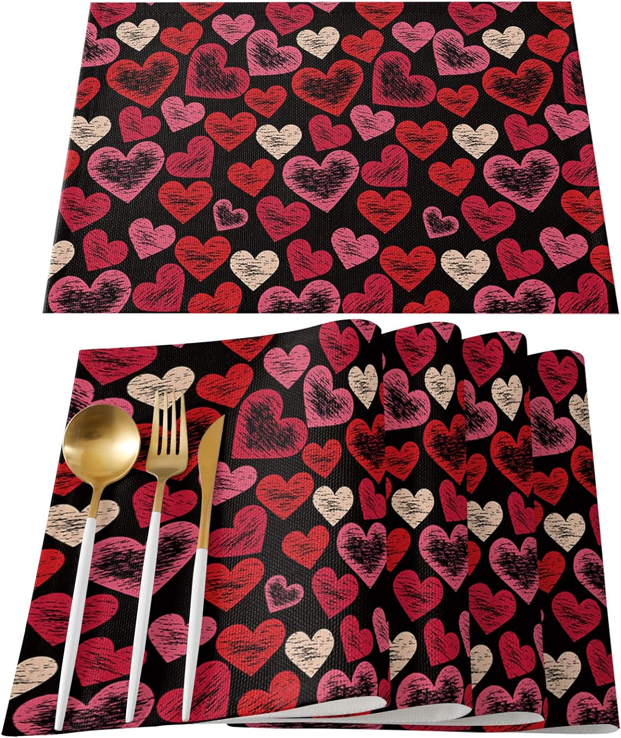 Uorbeay Valentine's Day Placemats Set of 6, Green Heart Placemat for Dining Table Decorations