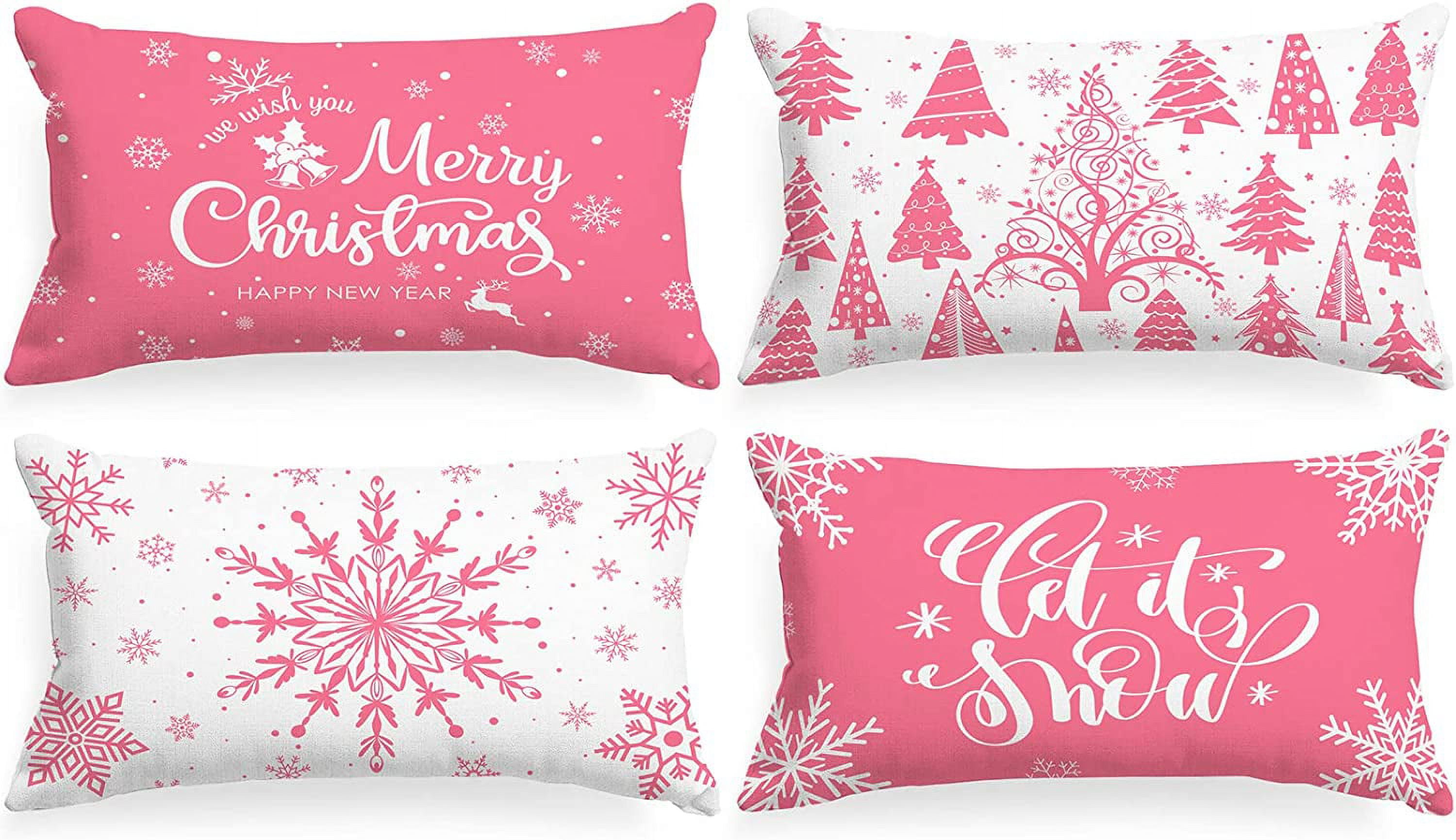 Uorbeay White and Pink Christmas Throw Pillow Covers 18x18 Set of 4, 18