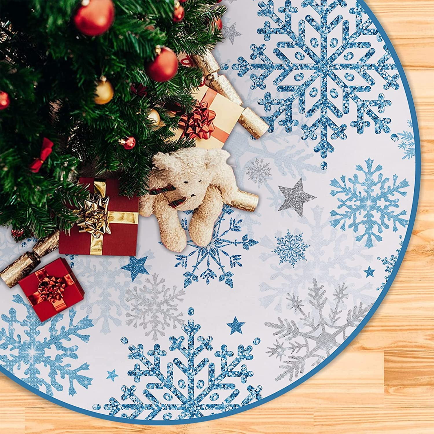 Uorbeays 48 Inches Christmas Tree Skirt, Blue and White Snowy Winter