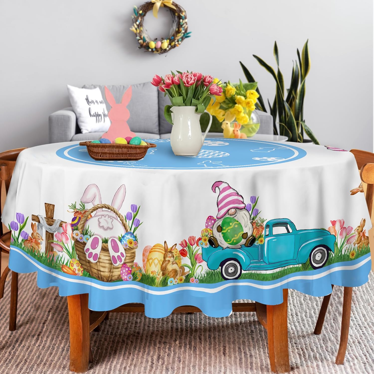 Uorbey Easter Round Tablecloth 70 Inch, Easter Decorations Bunny Eggs