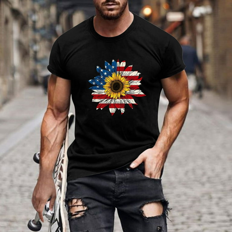 Uorcsa Independence Day Shirts 4th of July 3D Digital Flag Printing Fitness  Pullover Short Sleeve Fashion Casual Sport Mens T Shirt Black 