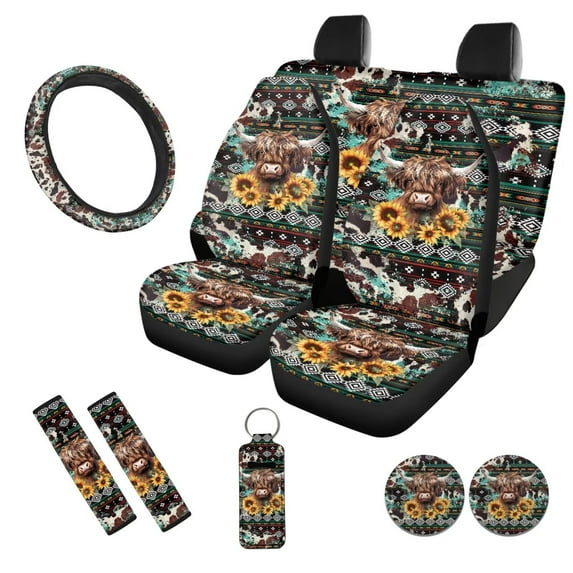 Uorisanigo 10 Pack Aztec Highland Cow Car Seat Cover with Soft Elastic Steering Wheel Cover and Cars Water Cup Coaster Auto Seat Belt Cover and Chapstick Holder Universal Fit Most Car SUV