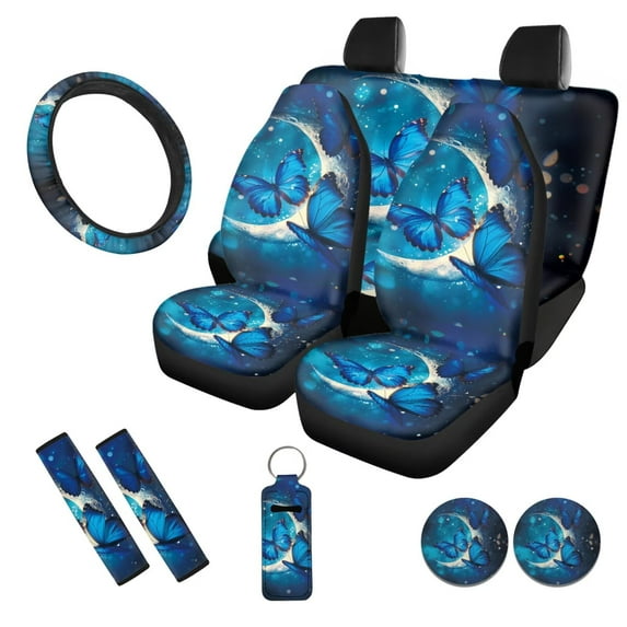 Uorisanigo 10 Pack Butterfly Moon Car Accessories Set with Soft Anti-slip Car Seat Covers and Auto Steering Wheel Cover Seat Belt Pads and Water Cup Coaster Keychains for Most Cars SUVs