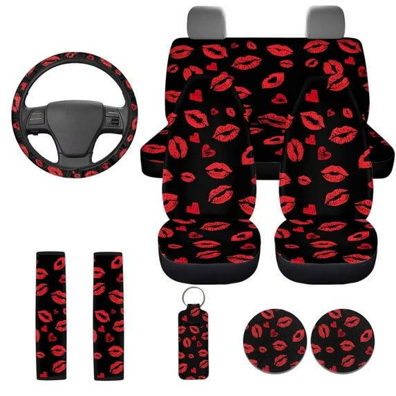 Uorisanigo 10 Pack Red Lips Print Automobile Seat Cover Sets Comfortable Decorative Car Steering Wheel Accessories and Water Cup Pad Cars Seat Belt Pad Cover Keychains Suitable for Car SUV