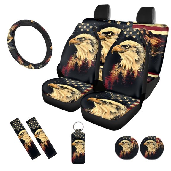 Uorisanigo 10 Pieces Eagle American Flag Car Accessories Set Soft Elastic Automotive Seat Cover and Steering Wheel Cover and Seat Belt Cover and Water Cup Coaster Keychains Fit for Car SUV