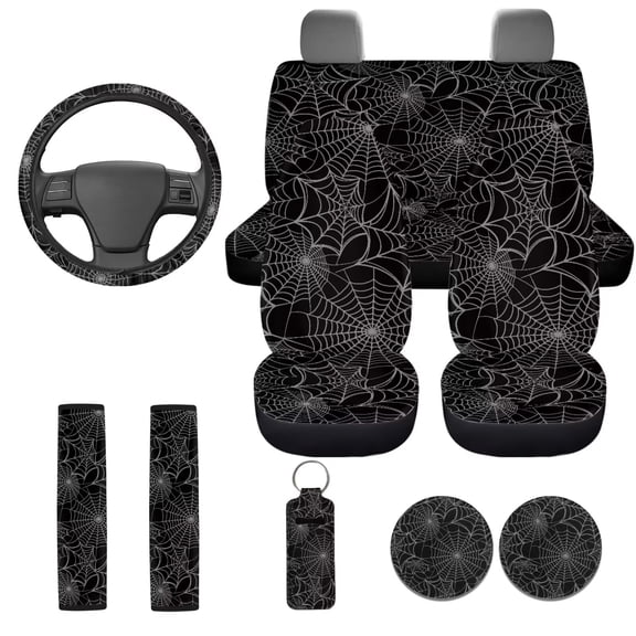 Uorisanigo 10 Pieces Halloween Spider Web Car Seat Covers Sets with Soft Decorative Car Steering Wheel Cover and Cars Seat Belt Pad Cover Auto Water Cup Pad Keychains for Most Cars, SUVs