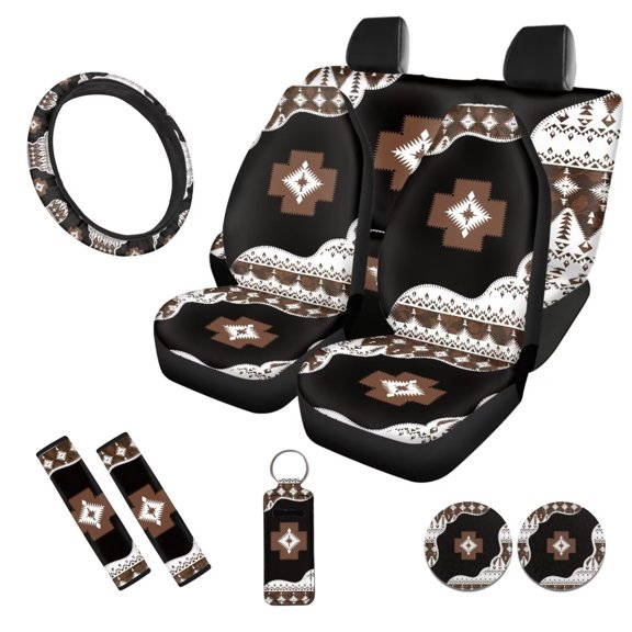 Uorisanigo 10 Pieces Tribal Aztec Automobile Seat Cover Sets with Soft Elastic Car Seat Belt Pad Cover Steering Wheel Cover Car Water Cup Coaster and Keychains Universal Fit Most Cars SUVs