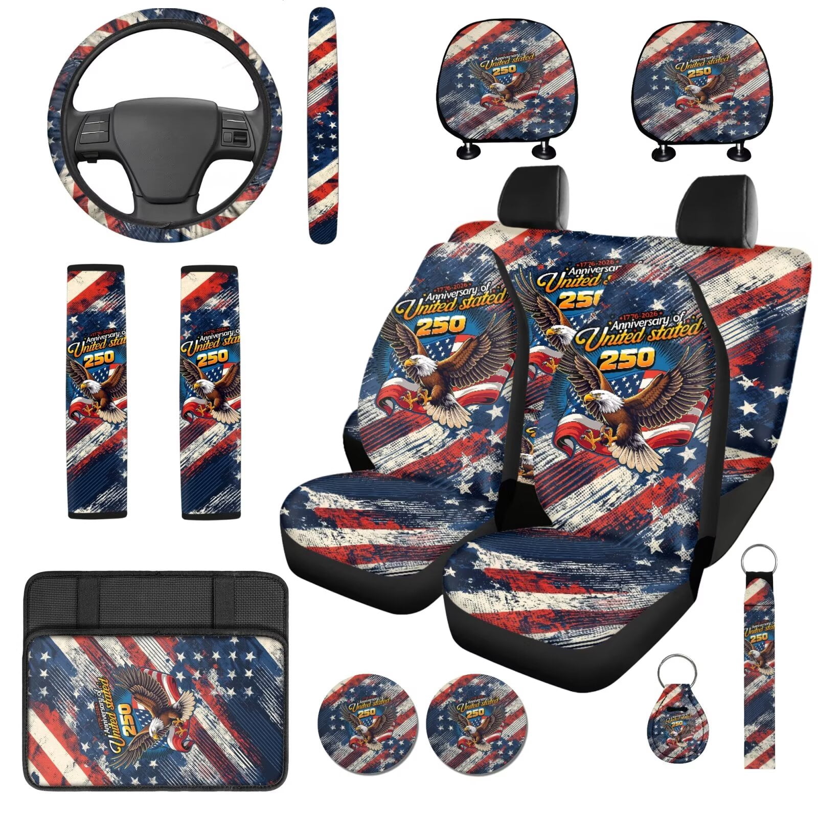 Uorisanigo 14pcs Car Seat Cover with American 250th Anniversary Steering Wheel Cover Armrest Cushion Protector Seat Belt Covers Universal Vehicle Accessories Fit for Most Car, Truck, Suv, or Van