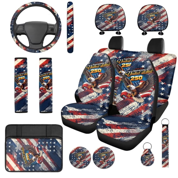 Uorisanigo 14pcs Car Seat Cover with American 250th Anniversary Steering Wheel Cover Armrest Cushion Protector Seat Belt Covers Universal Vehicle Accessories Fit for Most Car, Truck, Suv, or Van