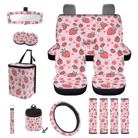 Uorisanigo 15Pcs Car Seat Covers Font Rear Set, Cute Strawberry Printed with Wheel Covers Seatbelt Shoulder Pad Cupholder Coaster Car Trash Can Auto Air Vent Organizer Rearview Cover Keychain