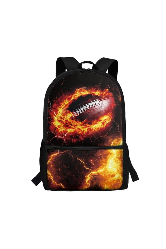 17 Inch Fire Rugby Backpack for Boys Girls Casual Basic Bookbag Travel Rucksack with Side Mesh Pocket for Elementary Kindergarten Preschool Student School Bag