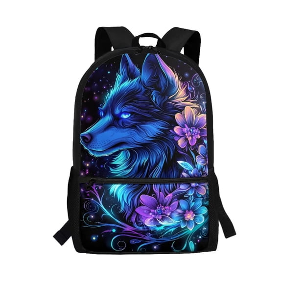 Uorisanigo 17 Inch Neon Floral Wolf School Backpack for Girls 6-12 - Large Capacity Back to School Bag - Bookbag with Adjustable Padded Straps - for Elementary Middle School Travel Camps