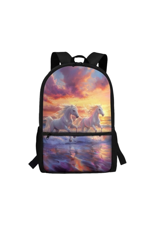 17 inch Kids Backpack for School Running White Horse Childrens Backpacks Lightweight Boys Girls School Bag, Travel & Sports Casual Daypack with Zipped Front Pocket