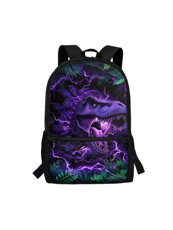 17 inch School Backpack Bag for Boys Girls 6-12 Year Kids Purple Lightning T-Rex Bookbag with Water Bottle Pockets Large Capacity Sports Casual Daypack Travel Backpacks
