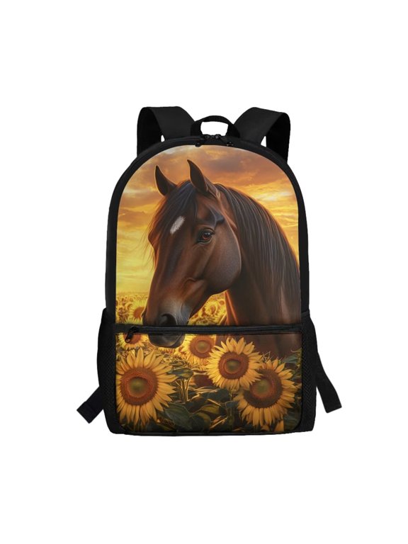 17 inch Sunflower Horse School Backpack for Kids 5-12 Year, Preschool Casual Daypack Elementary School Bag Kindergarten Travel Bags with Padded Straps