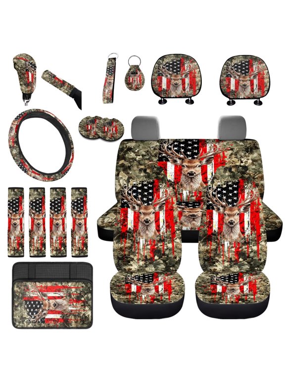 18 PCS Car Accessories, Forest Deer US Flag Universal Auto Seat Protector Seatbelt Strap Pad Steering Wheel Cover Armrest Cover Cup Holders Handbrake Gear Shift Headrest Cushion Keychain
