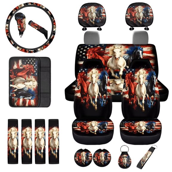 Uorisanigo 18-Pack Car Accessories American Flag Horse, with Auto Front Back Seat Covers Shift Knob & Handbrake Covers Headrest Armrest Cover Steering Cover Shoulder Strap Protector Coasters Keychain