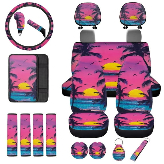 Uorisanigo 18 Pack Car Seat Cover Full Set Sunset Palm Tree Scenery, with Wheel Covers Protector Seat Belt Pad Center Console Cover Headrest Cushion Gear Shift & Handbrake Covers Coasters KeyChain
