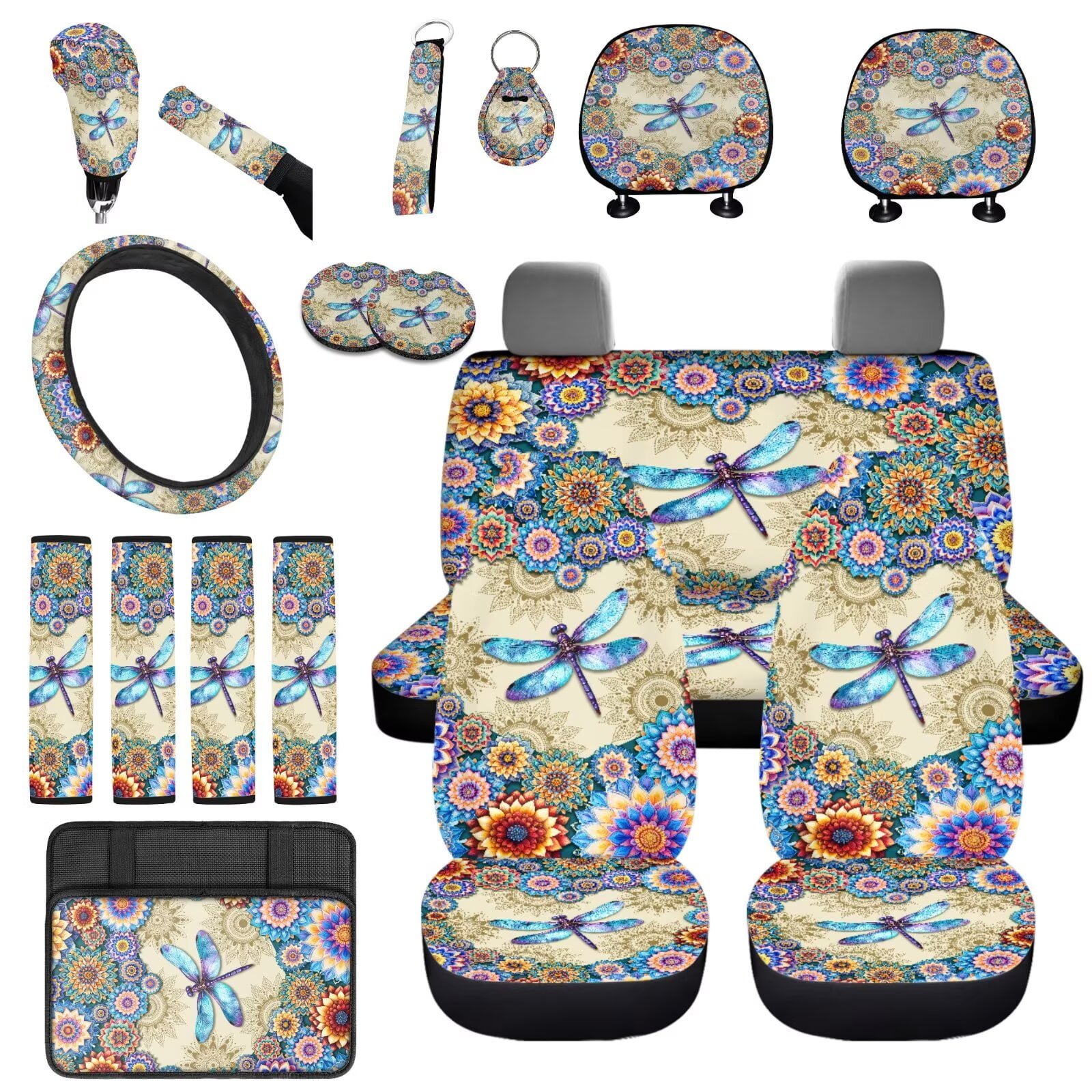 Uorisanigo 18 Pcs Car Seat Cover Dragonfly Mandala with Seat Belt Shoulder Pad Full Set Universal Steering Cover Armrest Covers Headrest Cushion Handbrake Grip Protector Coasters Keychains