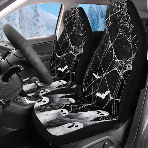 Uorisanigo 2 PCS Car Seat Covers, Premium Blanket Cloth Front Set Washable Automotive Accessoires Universal Fit for Car, SUV, Sedan, Truck, Spooky Ghost Print Seats Cushion