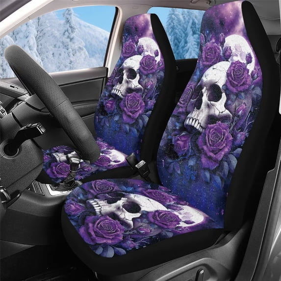 Uorisanigo 2 Pack Car Seat Covers Set Front Seats Only, Flurry Skeleton Purple Rose Bucket High Back Car Front Seat Covers Universal Auto Interior Accessories Fit for Most Cars