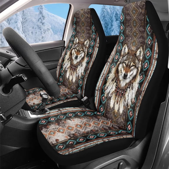 Uorisanigo 2-Pack Car Seat Covers, Soft Tribal Wolf Aztec Auto Driver Seat Covers, Comfy Automotive Seats Protectors Front Set For Cars, Car Accessories for Men