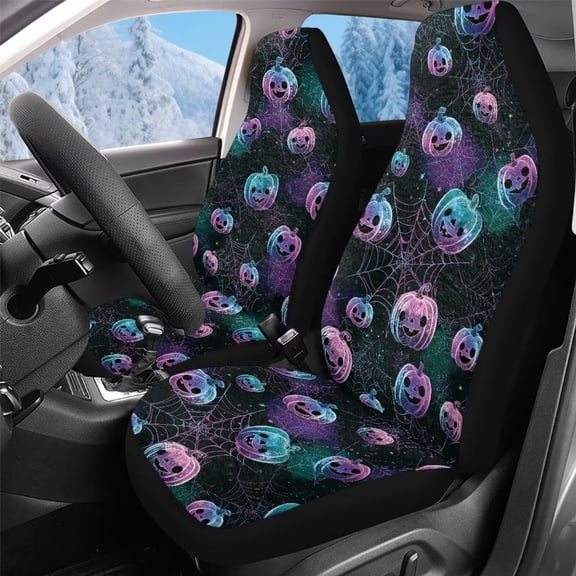 Uorisanigo 2 Pack Front Seat Covers, Plush Fluffy Spider Web Pumpkin Print Seat Protectors, Not Airbag Compatible, Washable Seats Cover Fits for Most Cars, Trucks, SUVs, Vans