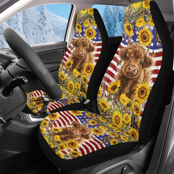 Uorisanigo 2 Pack Front Seat Covers, Soft Plush Auto Seat Protectors, Washable Highland Cow American Flag Automotive Seats Cover for Most Cars Trucks SUV, Easy Installation