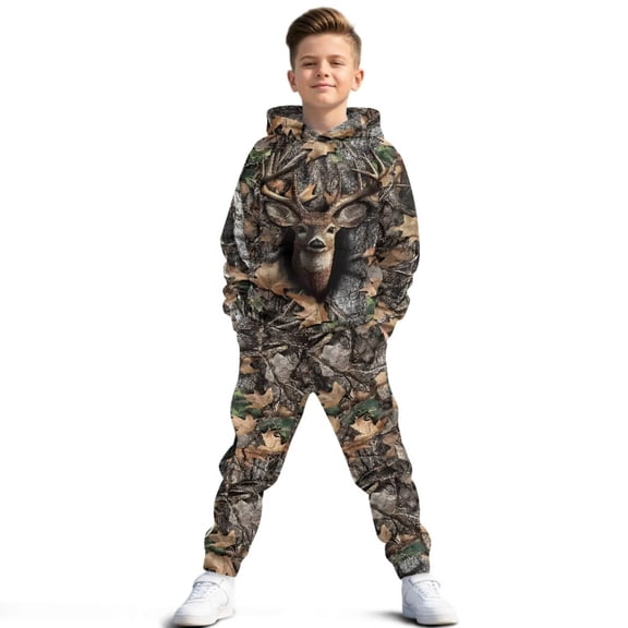 Uorisanigo 2 Pack Long Sleeve Deer Camo Hunting Forest Hoodie Sweatshirt & Sweatpants Suit for Boys Girls, Lightweight Pullover Hoodies and Pants Kids Youth Matching Set