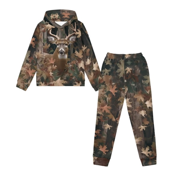 Uorisanigo 2 Pack Long Sleeve Hoodie & Sweatpants Outfit for Boys Girls, Lightweight Deer Camo Hunting Print Pullover Sweatshirt and Jogger Pants Kids Youth Matching Set