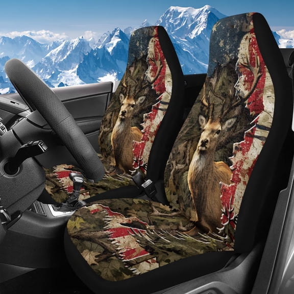 Uorisanigo 2 Pcs Car Seat Covers Set Front Saddle Blanket Comfort Camo Hunting Deer USA Flag Cover Auto Interior Accessories Protetors Car Mat Covers for Most Cars SUV Van Truck