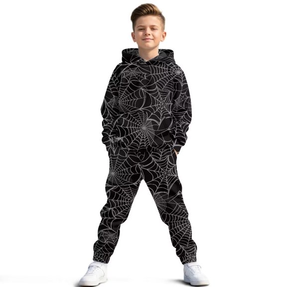 Uorisanigo 2 Piece Athletic Tracksuit Jogging Sets Outfit Gray Cobweb Print Sweatsuit Pullover Hoodie and Active Sweatpants Set for Kids Fall Winter Spring Casual Clothes