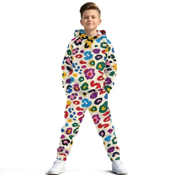 Uorisanigo 2 Piece Athletic Tracksuit Jogging Sets Outfit Sweatsuit Pullover Hoodie and Sweatpants Set for Kids Casual Clothes Fall Winter Clothing, Colorful Cheetah Leopard Print