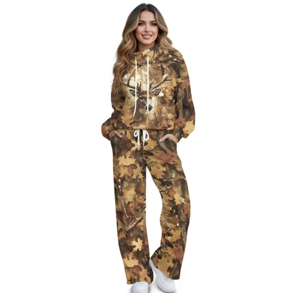 Uorisanigo 2 Piece Mock Neck Sweatshirt Wide Leg Sweatpants Lounge Hoodie Sweatsuit Sets Deer Camo Forest Oversized Sweat Shirt Casual Pant Set Tracksuit Loungewear Travel