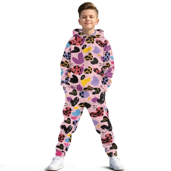 Uorisanigo 2-Piece Set Active Sweat Set – Lightweight Long Sleeve Leopard Heart Print Sweatshirt & Pants Outfit, Kids Oversized Pullover Hoodie and Jogger Sweatpants