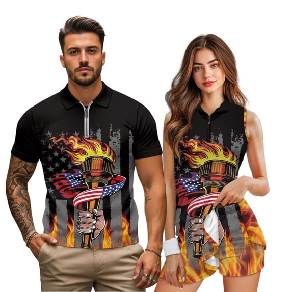 Uorisanigo 250th Torch Couples' Golf Outfits Mens Golf Shirts Size XL Short Sleeve Quick-Dry Sports Tops and Womens Golf Clothes with Shorts Pockets Sets Outfits Summer Clothes