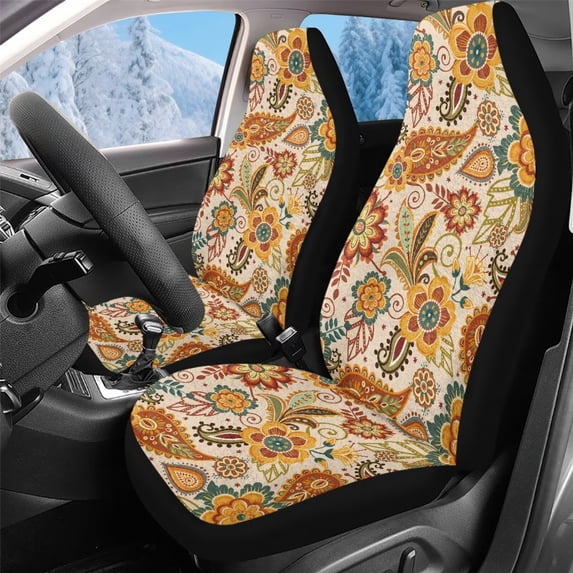 Uorisanigo 2PCS Car Seat Covers for Front Seats, Fluffy Ethnic Flowers Automotive Seat Covers for Cars SUV Pick-up Truck Sedan Seats Cover Cushion, Easy to Install, Auto Accessories