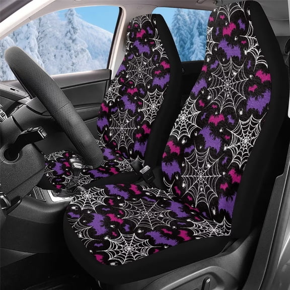 Uorisanigo 2PCS Car Seat Covers for Front Seats, Furry Fuzzy Fluffy Cobweb Purple Bat Seat Cover, Universal Vehicle Split Cushion Cover, Driver Interior Accessories for Car, Truck, SUV